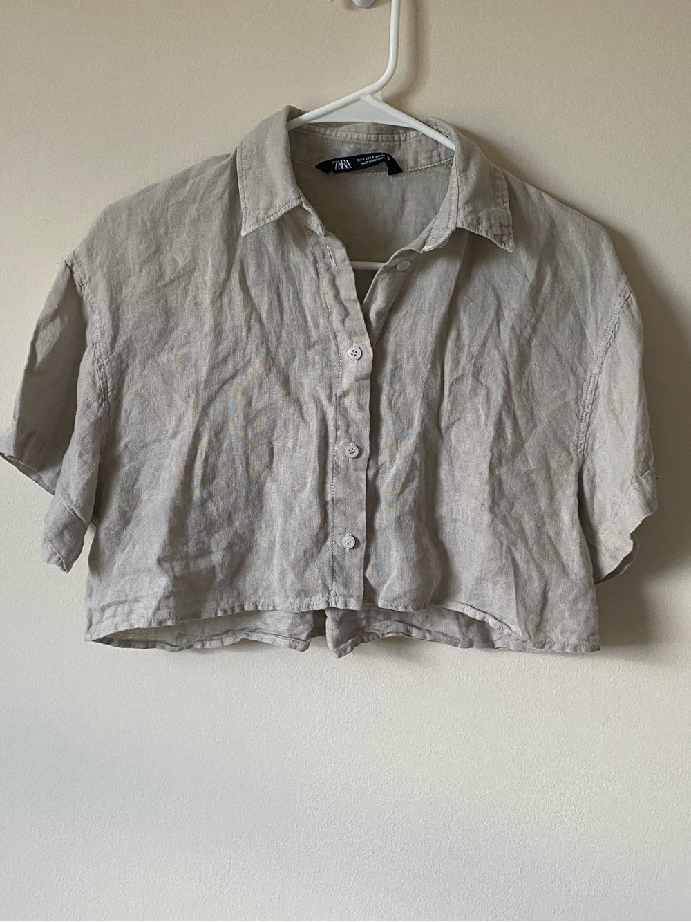 Zara Linen Cropped Short-Sleeve Button-Up Top